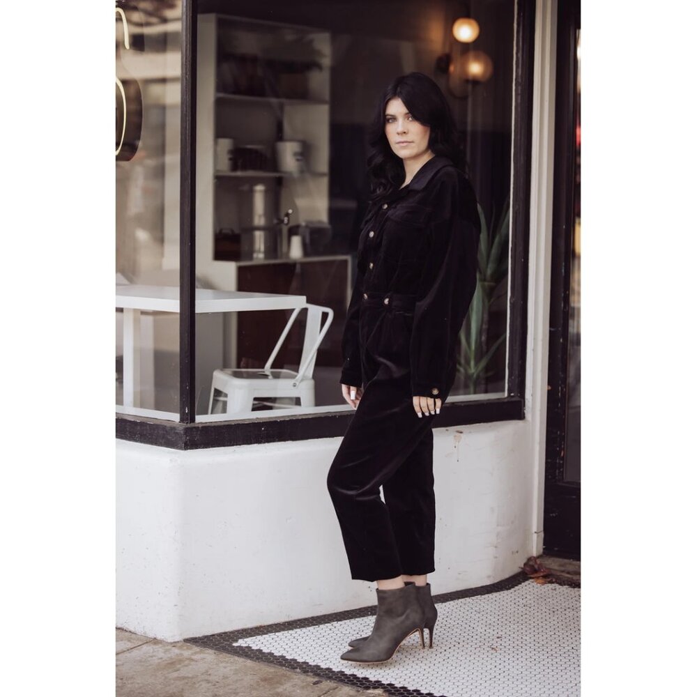 CHELSEA CINCHED WAIST CORDUROY JUMPSUIT - BLACK